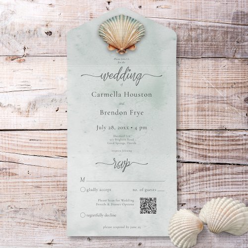 Modern Coastal Seashell Aqua Watercolor QR Code All In One Invitation