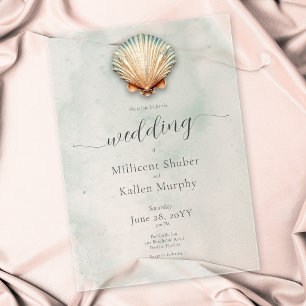Modern Coastal Seashell Aqua Wedding Acrylic Invitations