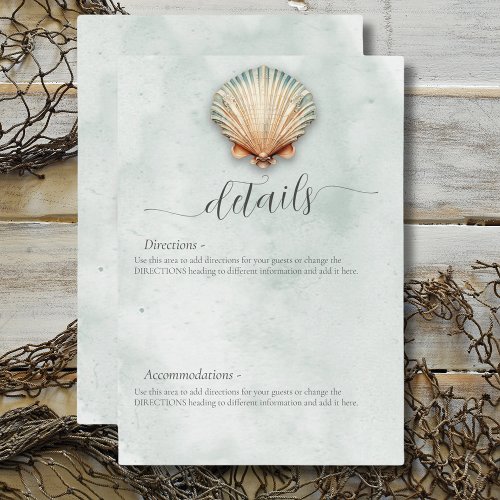 Modern Coastal Seashell Aqua Wedding Details Enclosure Card