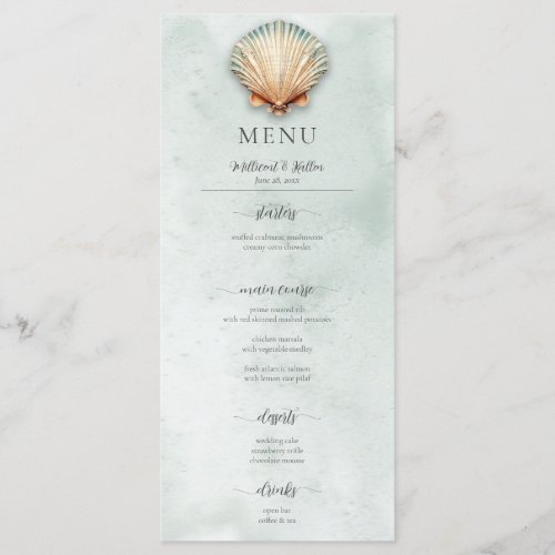 Modern Coastal Seashell Aqua Wedding Menu