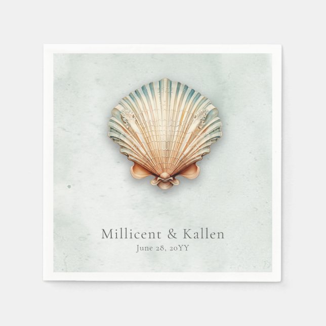 Modern Coastal Seashell Aqua Wedding Napkins (Front)