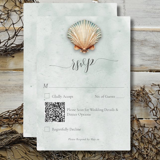 Modern Coastal Seashell Aqua Wedding QR Code RSVP Card (Modern Coastal Seashell Aqua Wedding QR Code RSVP Card)