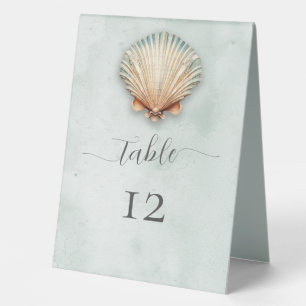 Modern Coastal Seashell Aqua Wedding Table Tent
