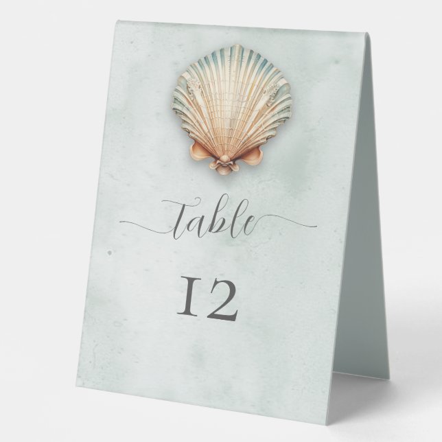 Modern Coastal Seashell Aqua Wedding Table Tent (Front)