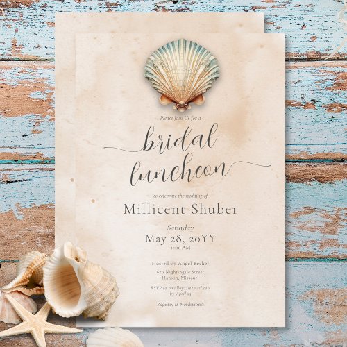 Modern Coastal Seashell Sand Bridal Luncheon Invitation