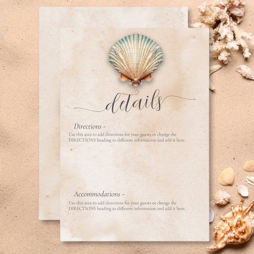 Modern Coastal Seashell Sand Wedding Details Enclosure Card