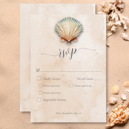 Modern Coastal Seashell Sand Wedding Dinner RSVP Card