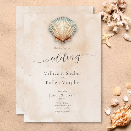 Modern Coastal Seashell Sand Wedding Invitation