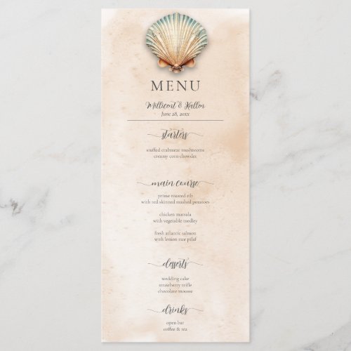 Modern Coastal Seashell Sand Wedding Menu