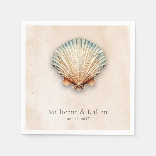 Modern Coastal Seashell Sand Wedding Napkins (Front)
