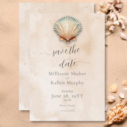 Modern Coastal Seashell Sand Wedding Save The Date