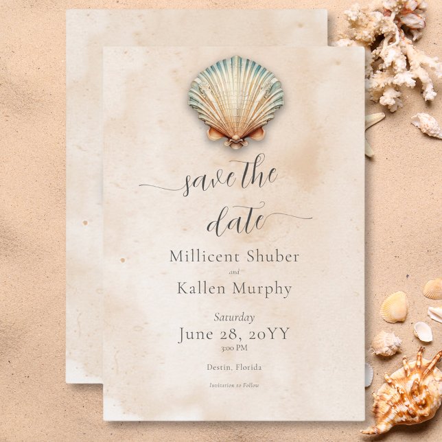 Modern Coastal Seashell Sand Wedding Save The Date (Modern Coastal Seashell Sand Wedding Save The Date)