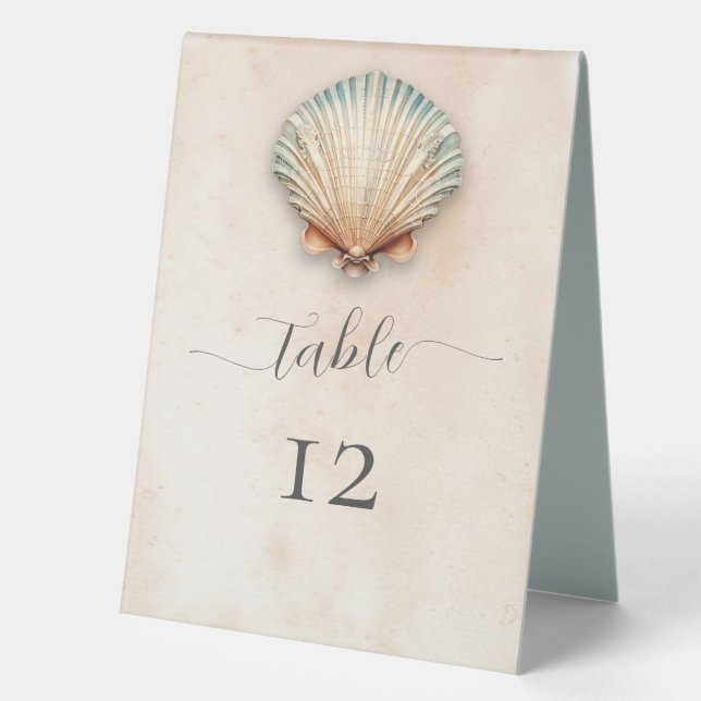 Modern Coastal Seashell Sand Wedding Table Tent (Front)