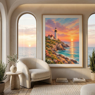 Modern Coastal Sunset Lighthouse Wall Art Poster