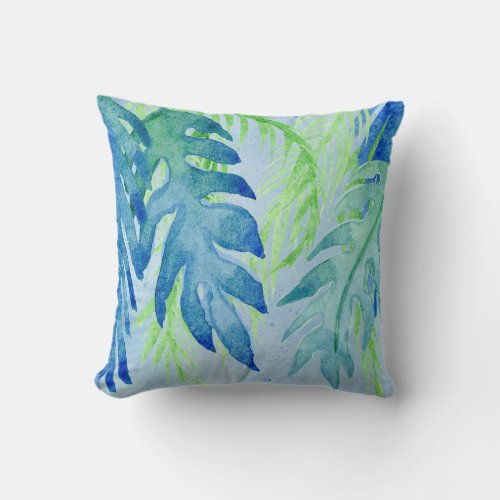 Modern Coastal Tropical Colorful Leaves Ocean Blue Throw Pillow