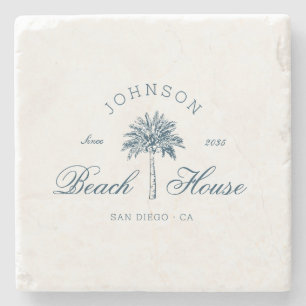 Modern Coastal Vintage Beach House Palm Tree Blue Stone Coaster