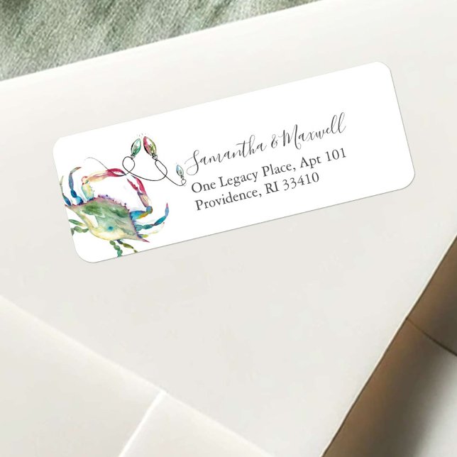 Modern Coastal Watercolor Christmas Crab Unique Label (Beach Christmas return address labels watercolor crab and holiday lights art by Victoria Grigaliunas)