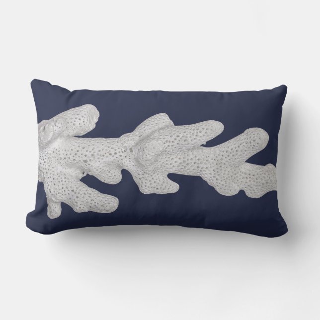 Modern Coastal White Coral & Navy Lumbar Pillow (Front)