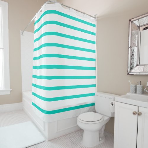 Modern coastal white turquoise stripes patterns shower curtain