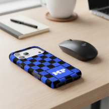 Modern Cobalt Blue & Black Checkerboard Monogram