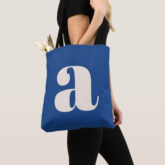 Modern Cobalt Blue Bold Retro Monogram Initial Tote Bag (Close Up)
