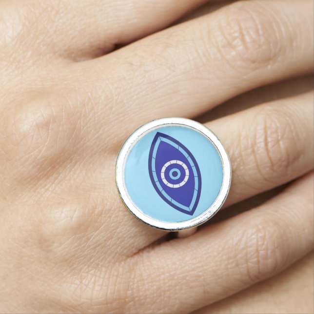 Modern Cobalt Blue Geometric Evil Eye Protection Ring (In Situ)