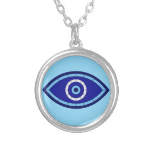 Modern Cobalt Blue Geometric Evil Eye Protection Silver Plated Necklace