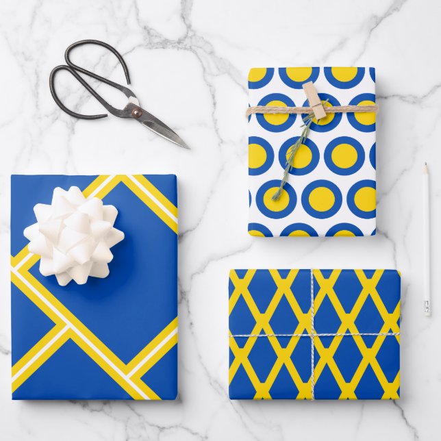 Modern Cobalt Blue Gold Yellow Geometric Pattern Wrapping Paper Sheets (Front)