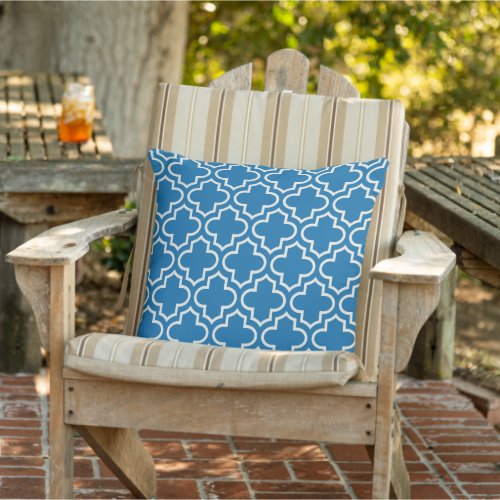 Modern Cobalt Blue Moroccan Quatrefoil Pattern Outdoor Pillow