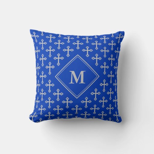 Modern Cobalt Blue Silver Gray CROSS Monogram Throw Pillow