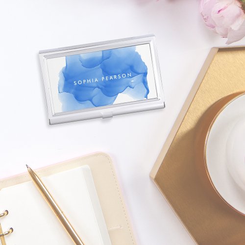 Modern Cobalt Blue Watercolor  Personalized Business Card Case