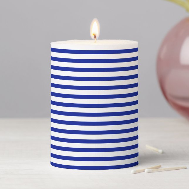 Modern cobalt blue white horizontal stripes cute pillar candle (In Situ)