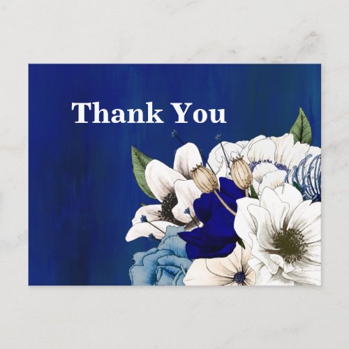 Modern Cobalt Dusty Blue White Floral Thank You Postcard