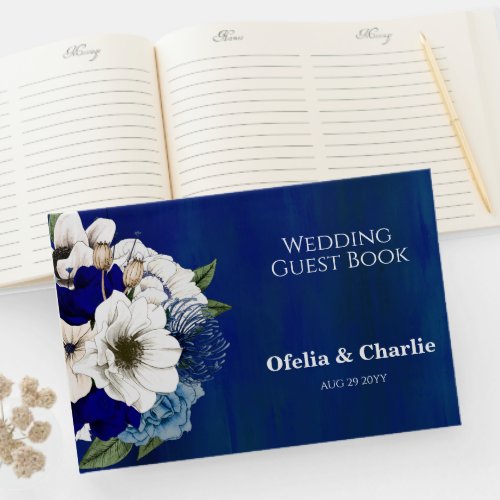 Modern Cobalt Dusty Blue White Floral Wedding Guest Book