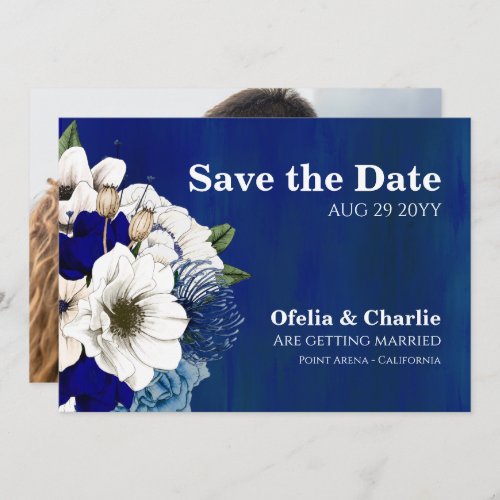 Modern Cobalt Dusty Blue White Floral Wedding Save The Date