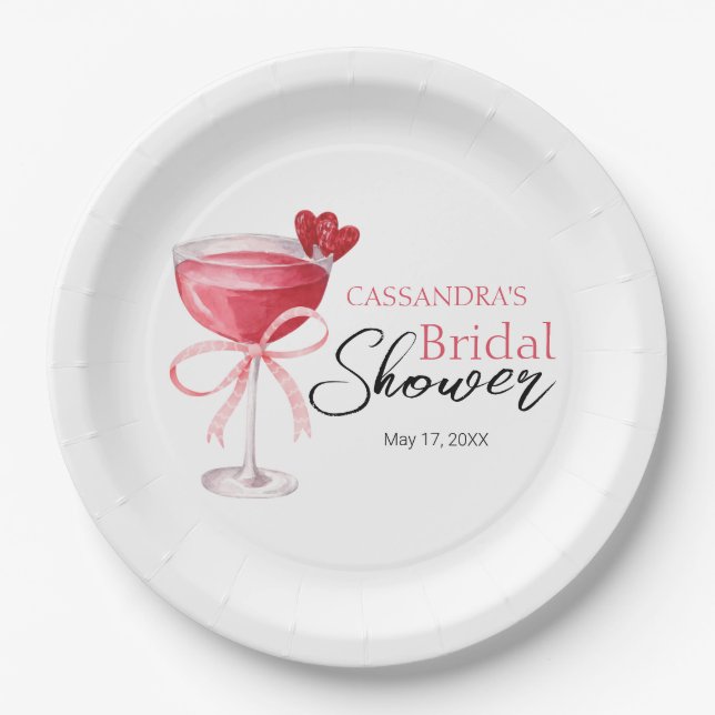 Modern Cocktail Drink Pink Bow Bridal Shower  Paper Plates (Front)