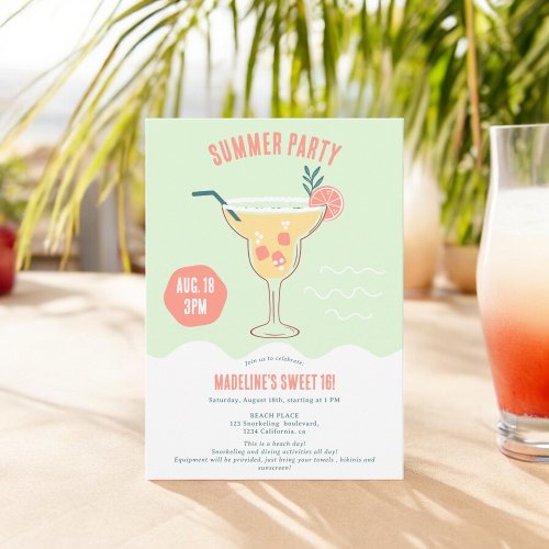 Modern Cocktail illustration summer beach Sweet 16 Invitation