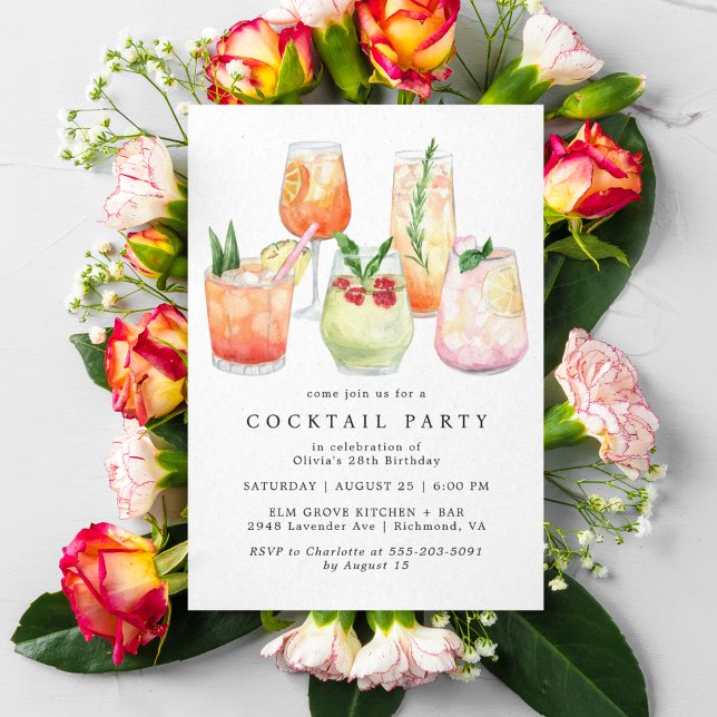 Modern Cocktail Party | Cute Girly Womens Birthday Invitation (Creator Uploaded)