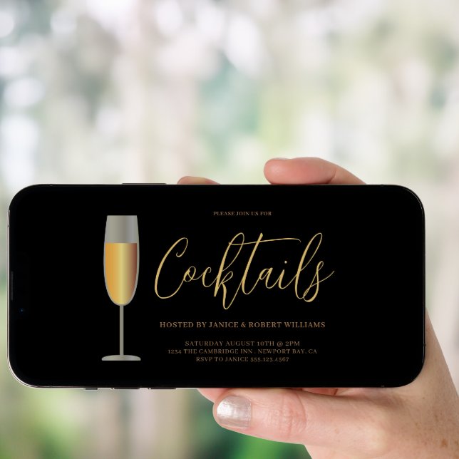 Modern Cocktail Party Script Black Gold Invitation (Front Digital)