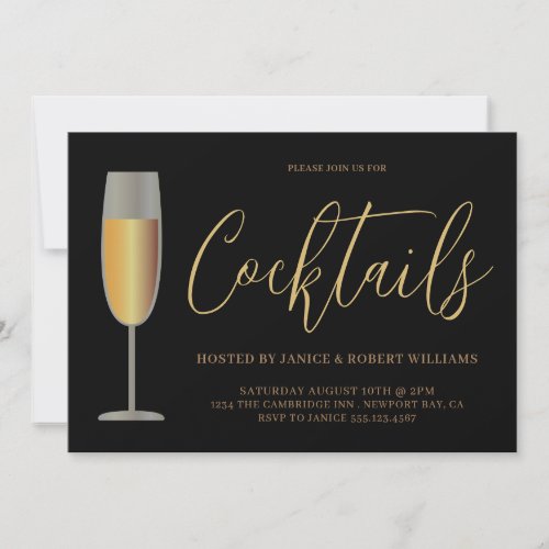Modern Cocktail Party Script Black Gold Invitation