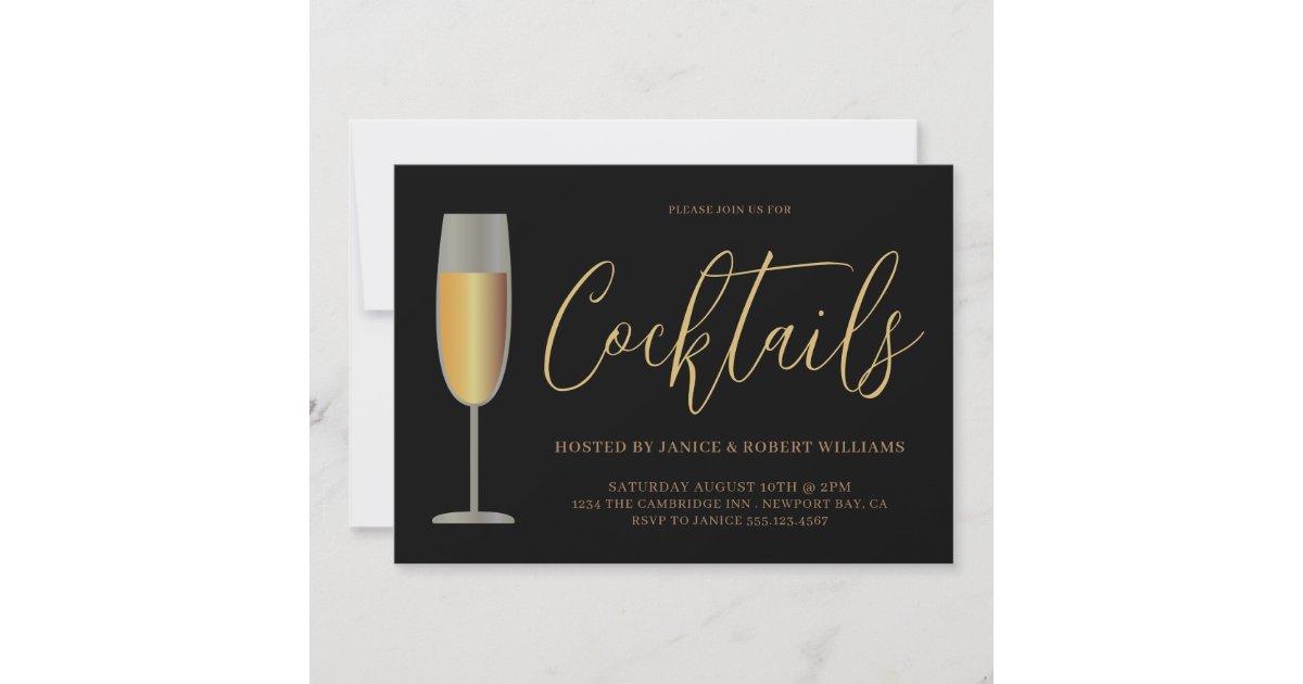 Modern Cocktail Party Script Black Gold Invitation | Zazzle