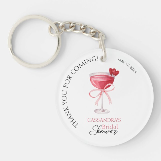 Modern Cocktail Pink Bow Bridal Shower Thank You Keychain (Front)