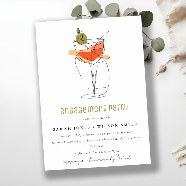 Modern Cocktail Wine Line Drawing Engagement Invitation (Creator Uploaded)