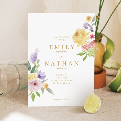 Modern Cocktails Citrus Watercolor Floral Paradise Invitation