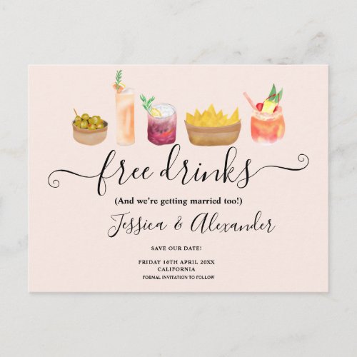 Modern cocktails watercolor blush save the date postcard