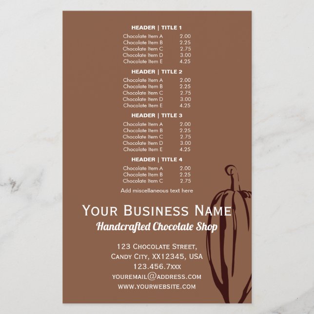 Modern Cocoa Pod Chocolatier Chocolate Shop Menu Flyer (Front)