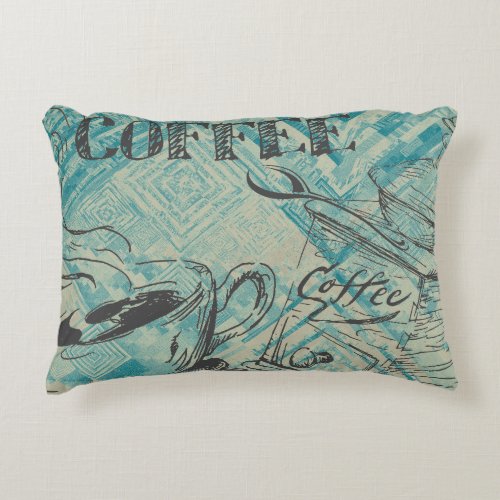 Modern Coffee Art Sketch Blue Accent Pillow