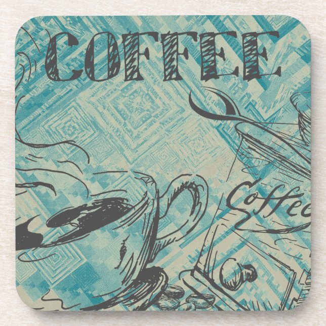 Modern Coffee Art Sketch Blue Beverage Coaster (Front)