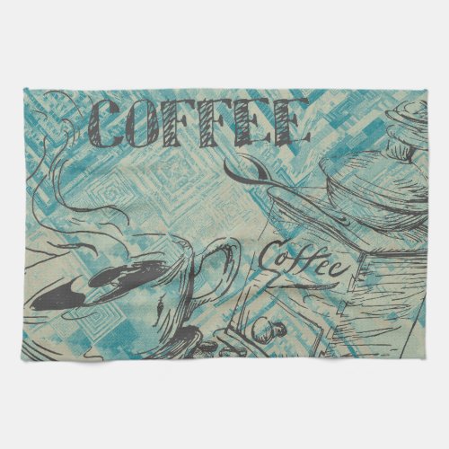 Modern Coffee Art Sketch Blue Kitchen Towel