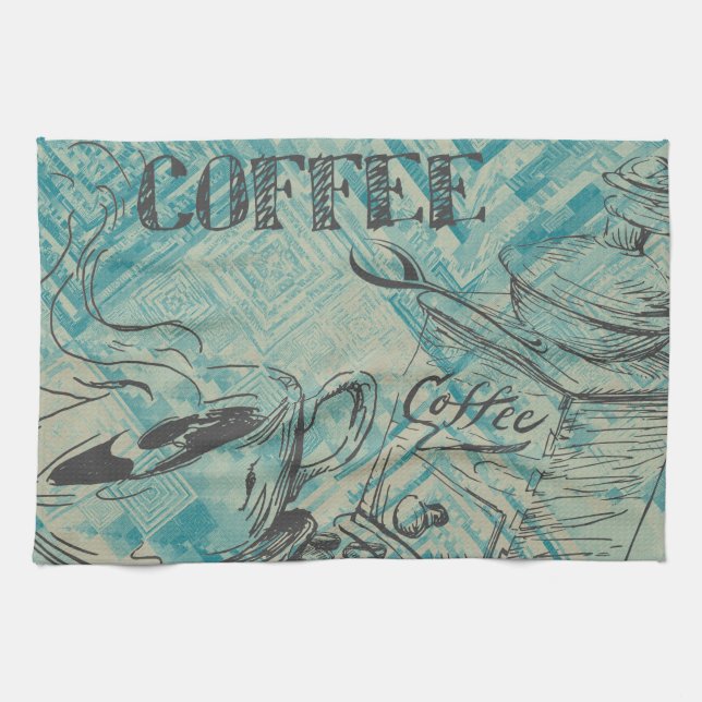 Modern Coffee Art Sketch Blue Kitchen Towel (Horizontal)